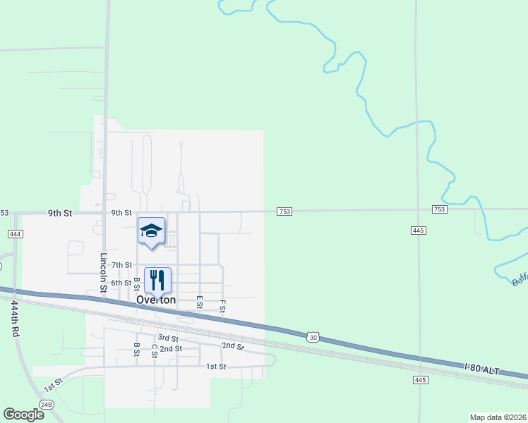 map of restaurants, bars, coffee shops, grocery stores, and more near 44400 County Road 753 in Overton