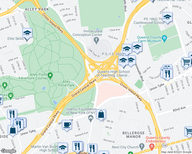map of restaurants, bars, coffee shops, grocery stores, and more near 75-5 Douglaston Parkway in Queens