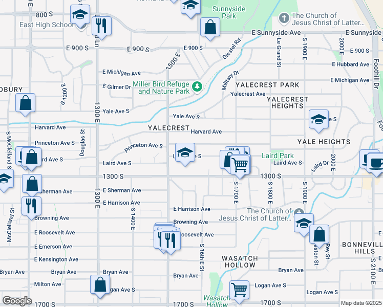 map of restaurants, bars, coffee shops, grocery stores, and more near 1563 Laird Avenue South in Salt Lake City