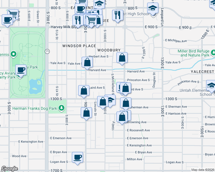 map of restaurants, bars, coffee shops, grocery stores, and more near 987 Laird Avenue South in Salt Lake City