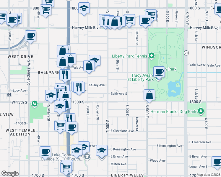 map of restaurants, bars, coffee shops, grocery stores, and more near 1193 South 300 East in Salt Lake City