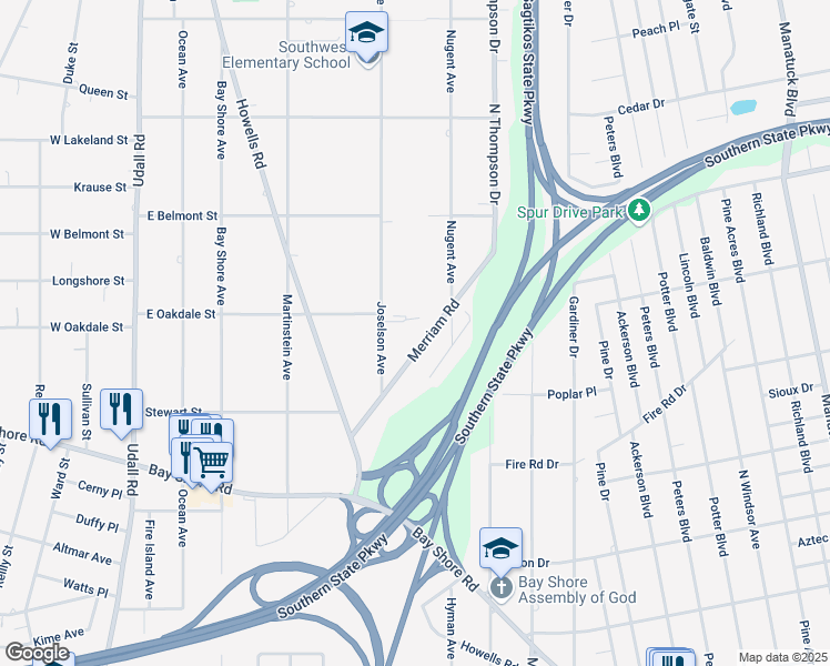 map of restaurants, bars, coffee shops, grocery stores, and more near 1036 Merriam Road in Bay Shore