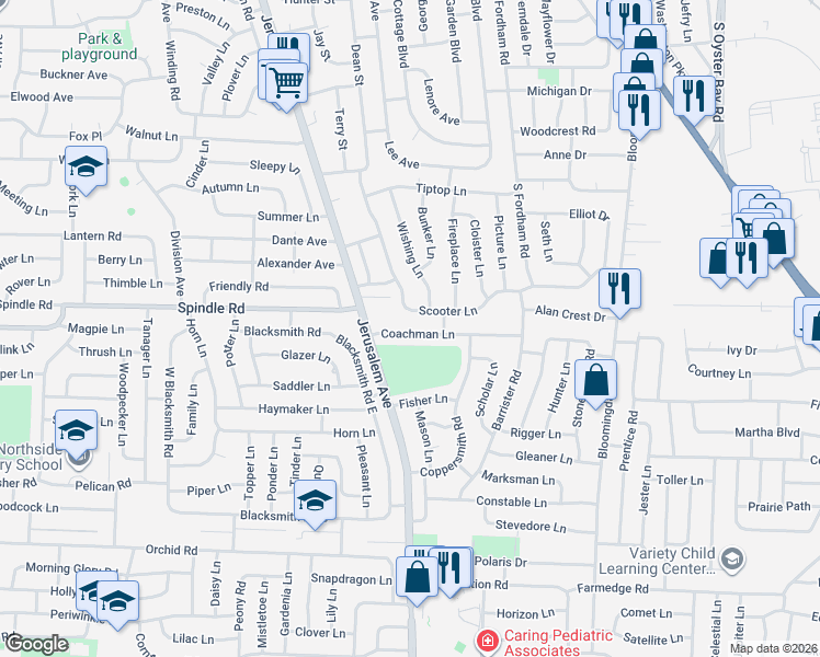 map of restaurants, bars, coffee shops, grocery stores, and more near 29 Coachman Lane in Levittown