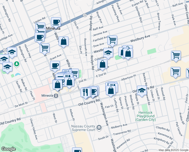 map of restaurants, bars, coffee shops, grocery stores, and more near 10 East 2nd Street in Mineola