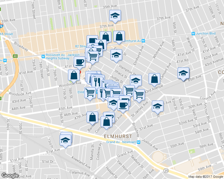 map of restaurants, bars, coffee shops, grocery stores, and more near in Queens