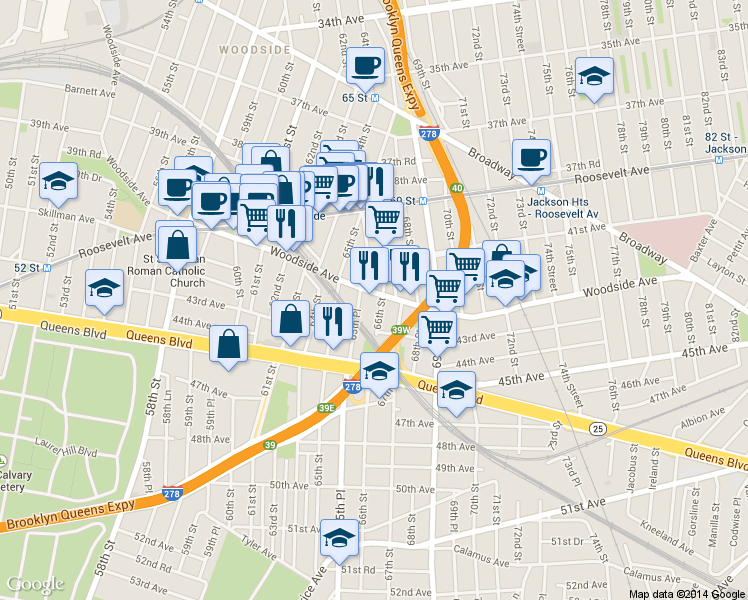 map of restaurants, bars, coffee shops, grocery stores, and more near 42-13 65th Place in Queens