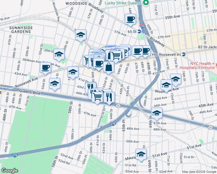 map of restaurants, bars, coffee shops, grocery stores, and more near 41-44 Woodside Avenue in Queens