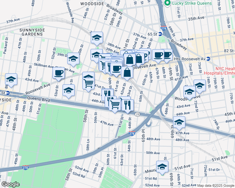 map of restaurants, bars, coffee shops, grocery stores, and more near in Queens