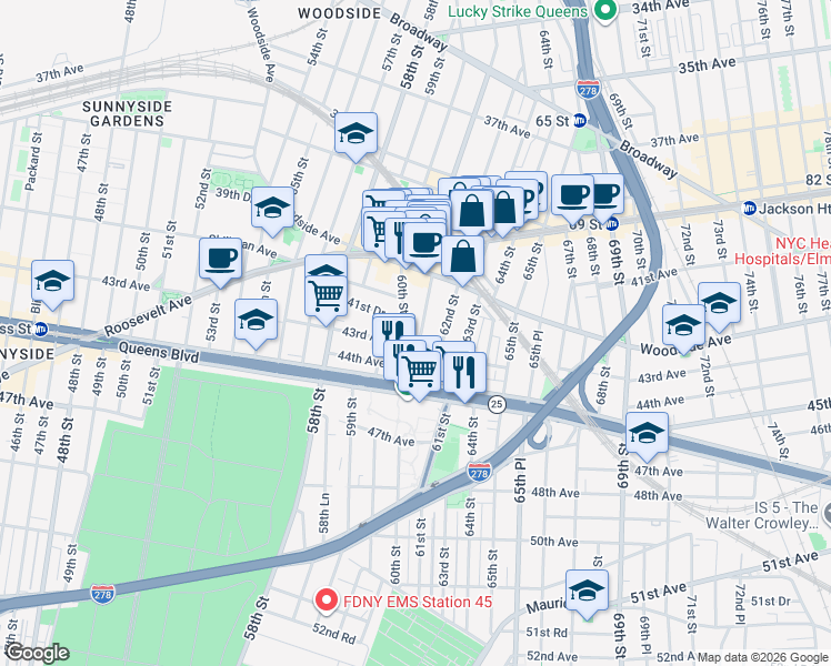 map of restaurants, bars, coffee shops, grocery stores, and more near in Queens