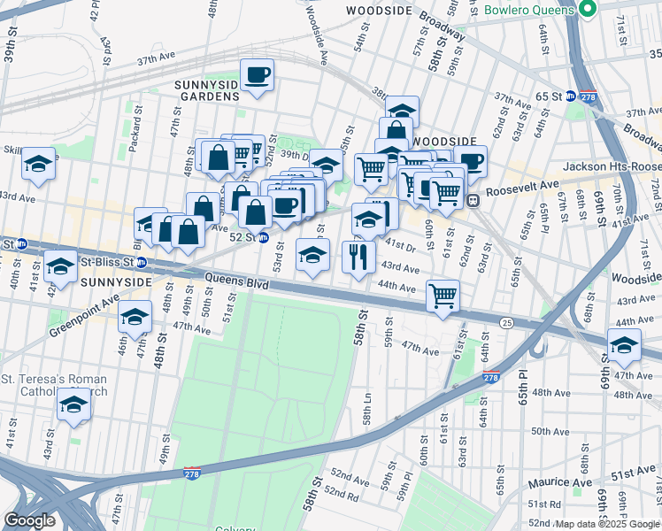 map of restaurants, bars, coffee shops, grocery stores, and more near 43-18 56th Street in Queens