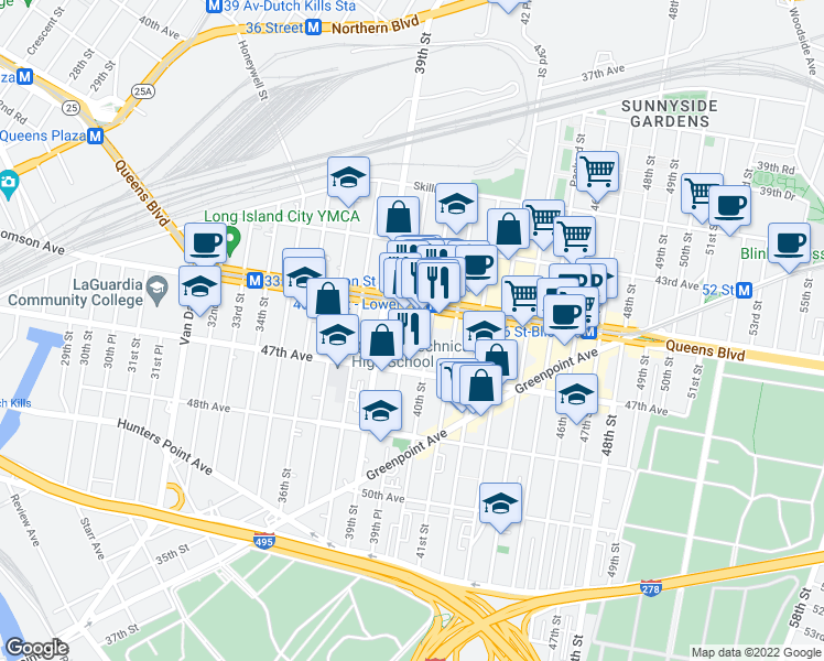map of restaurants, bars, coffee shops, grocery stores, and more near in Queens