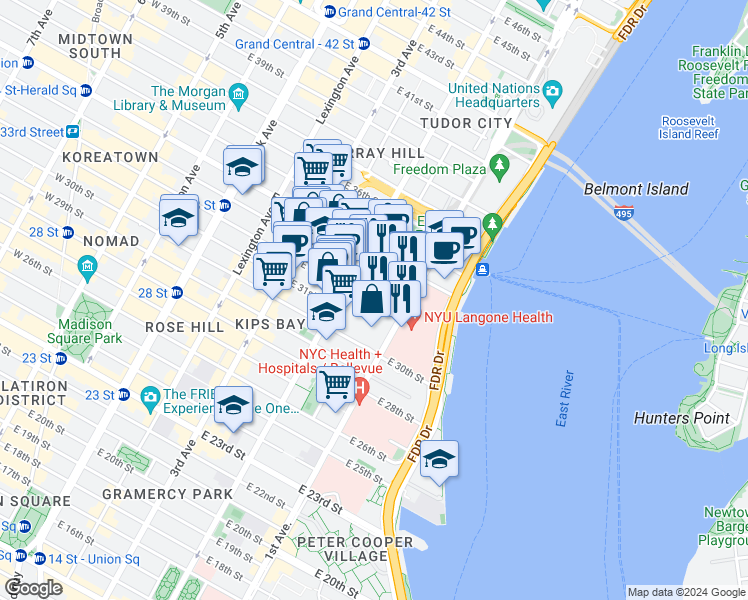 map of restaurants, bars, coffee shops, grocery stores, and more near 300 East 33rd Street in New York