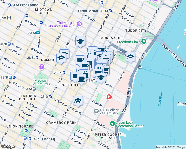 map of restaurants, bars, coffee shops, grocery stores, and more near 208 East 30th Street in New York