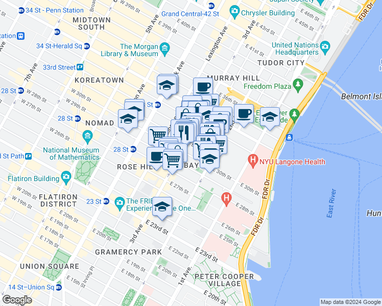 map of restaurants, bars, coffee shops, grocery stores, and more near 208 East 30th Street in New York