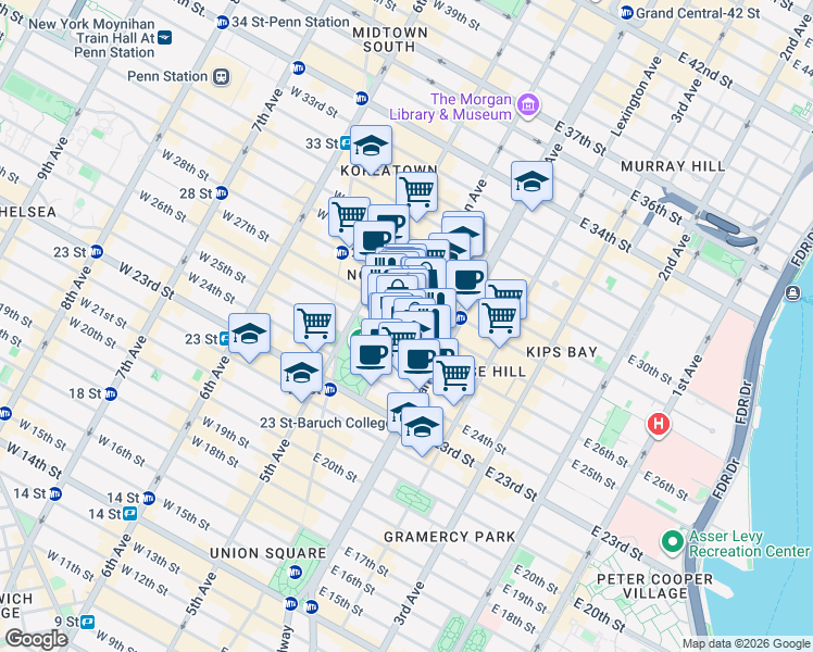 map of restaurants, bars, coffee shops, grocery stores, and more near 51 Madison Avenue in New York