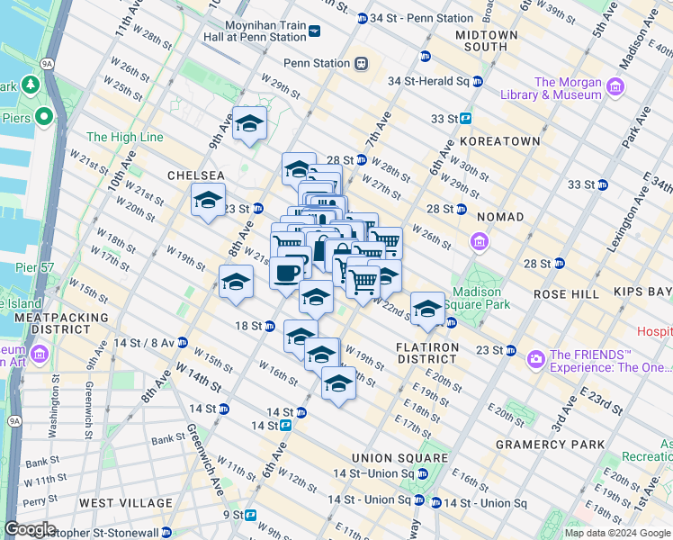 map of restaurants, bars, coffee shops, grocery stores, and more near 147 West 22nd Street in New York