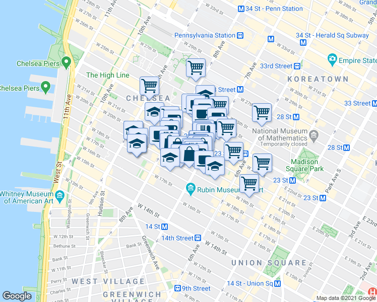 map of restaurants, bars, coffee shops, grocery stores, and more near 223 West 20th Street in New York