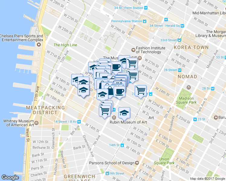 map of restaurants, bars, coffee shops, grocery stores, and more near 223 West 20th Street in New York