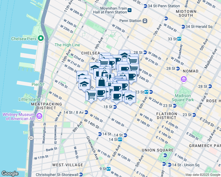 map of restaurants, bars, coffee shops, grocery stores, and more near 223 West 20th Street in New York