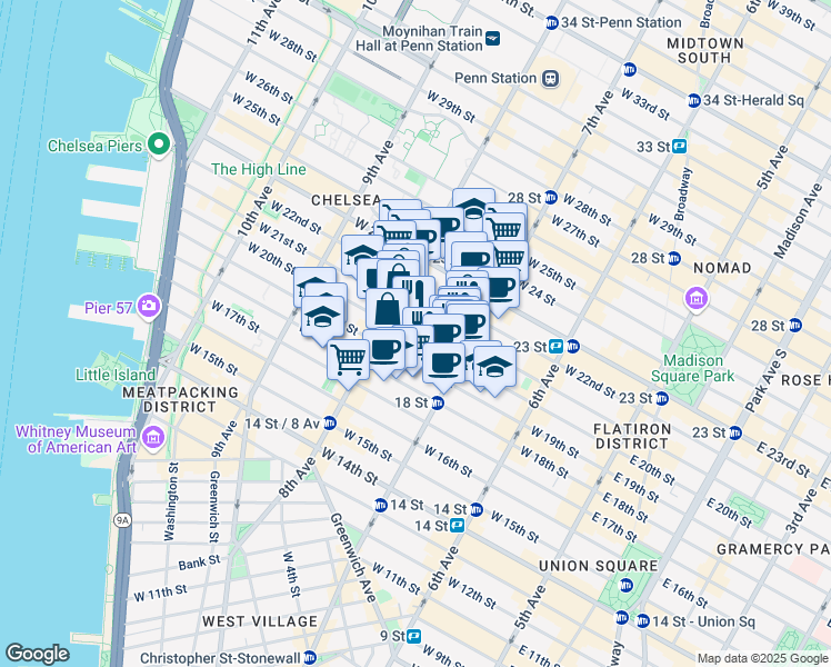 map of restaurants, bars, coffee shops, grocery stores, and more near 223 West 20th Street in New York
