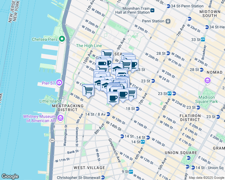map of restaurants, bars, coffee shops, grocery stores, and more near in New York