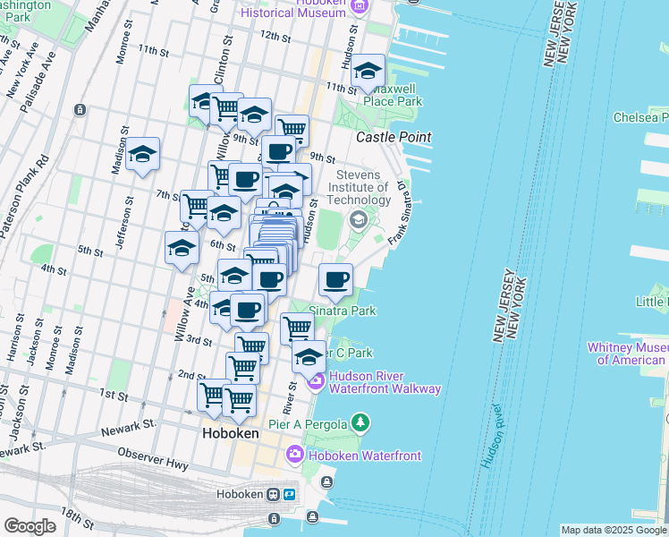 map of restaurants, bars, coffee shops, grocery stores, and more near 525 River Street in Hoboken