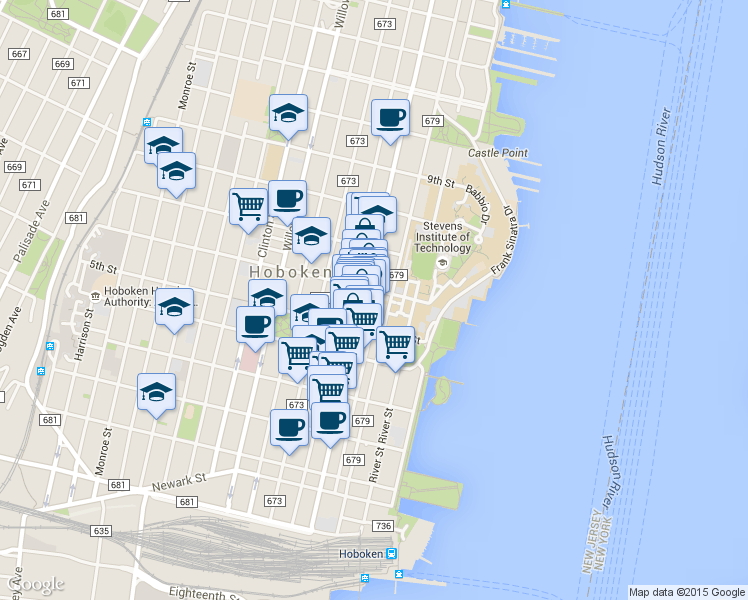 map of restaurants, bars, coffee shops, grocery stores, and more near 522 Washington Street in Hoboken