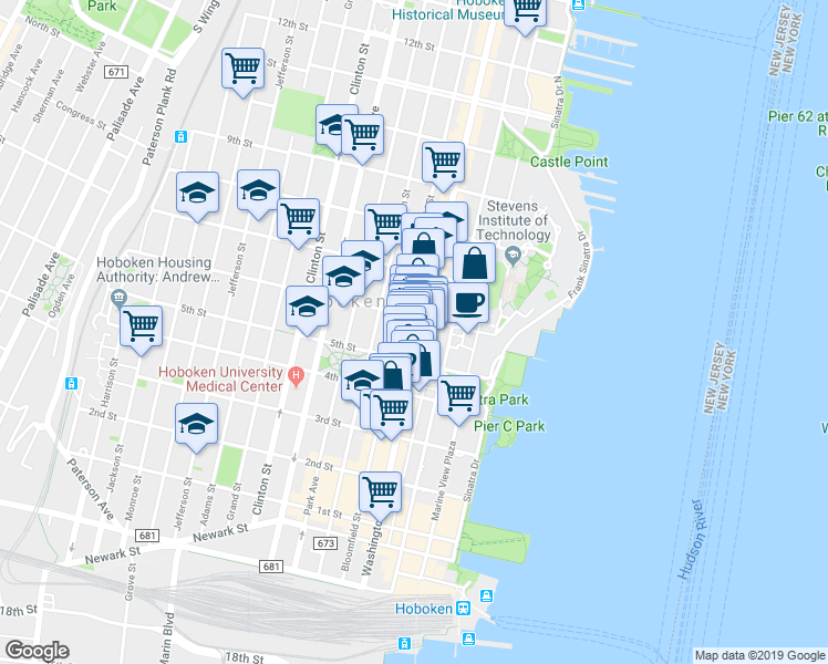 map of restaurants, bars, coffee shops, grocery stores, and more near 522 Washington Street in Hoboken