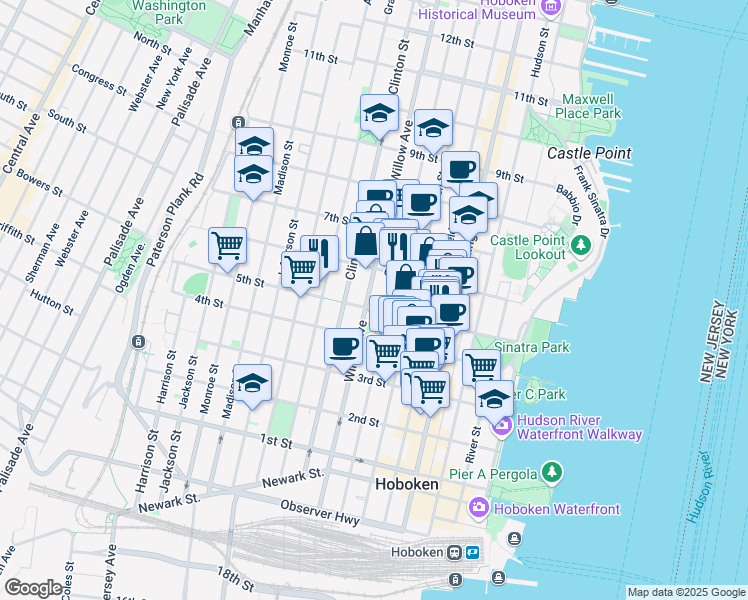 map of restaurants, bars, coffee shops, grocery stores, and more near 250 5th Street in Hoboken