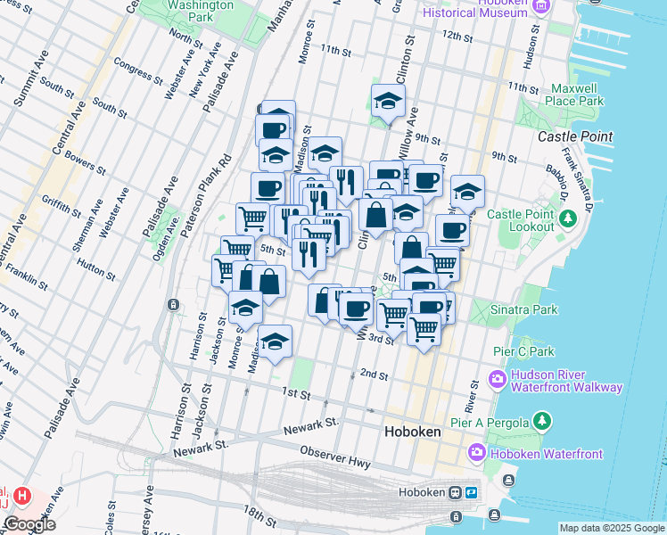 map of restaurants, bars, coffee shops, grocery stores, and more near 415 Adams Street in Hoboken