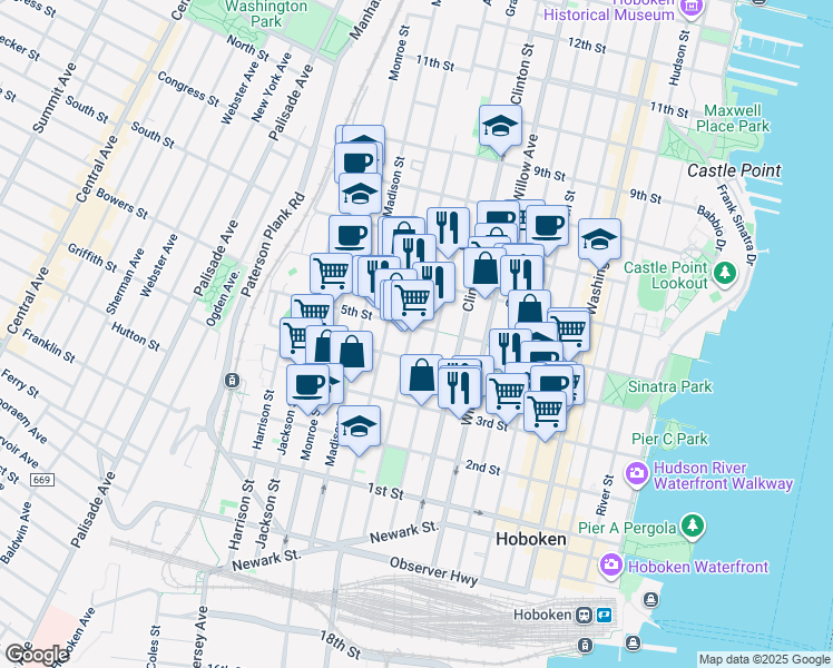 map of restaurants, bars, coffee shops, grocery stores, and more near 415 Adams Street in Hoboken