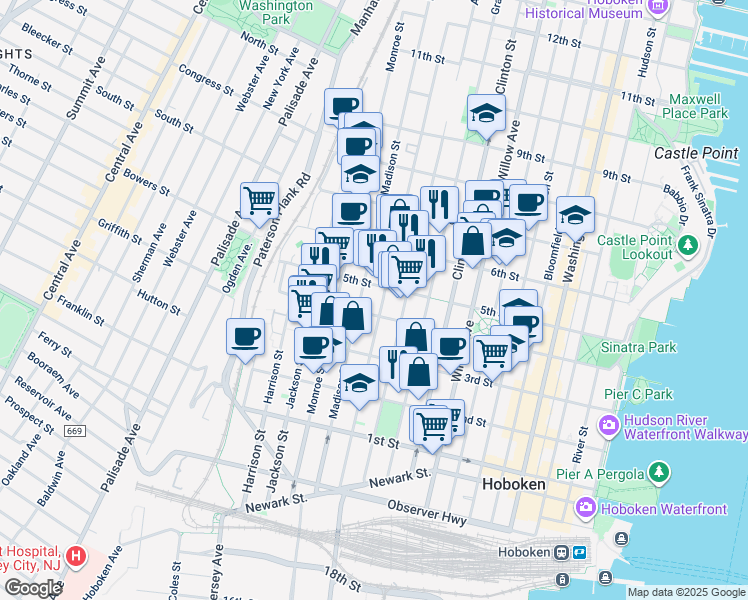 map of restaurants, bars, coffee shops, grocery stores, and more near 410 Jefferson Street in Hoboken