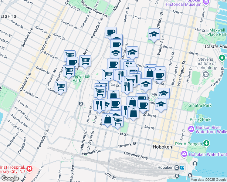 map of restaurants, bars, coffee shops, grocery stores, and more near in Hoboken