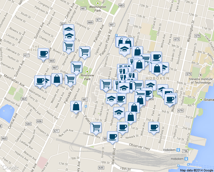 map of restaurants, bars, coffee shops, grocery stores, and more near 655 4th Street in Hoboken