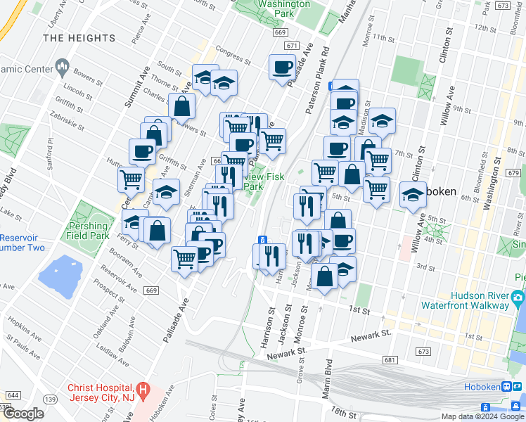 map of restaurants, bars, coffee shops, grocery stores, and more near 274 Ogden Avenue in Jersey City