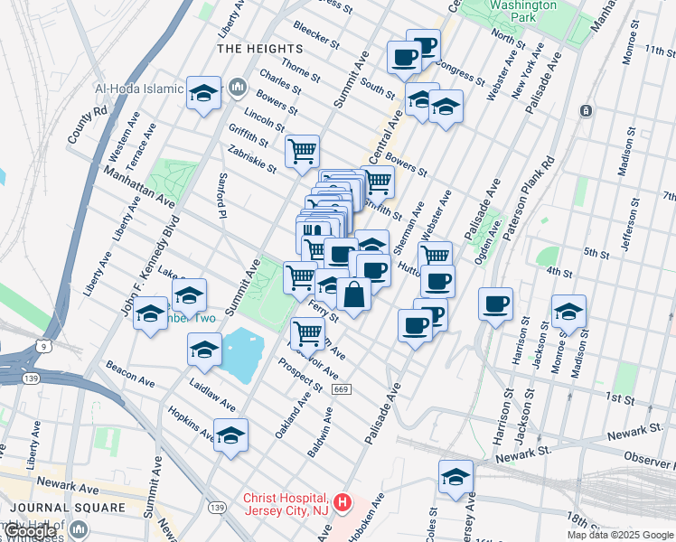 map of restaurants, bars, coffee shops, grocery stores, and more near 136 Franklin Street in Jersey City