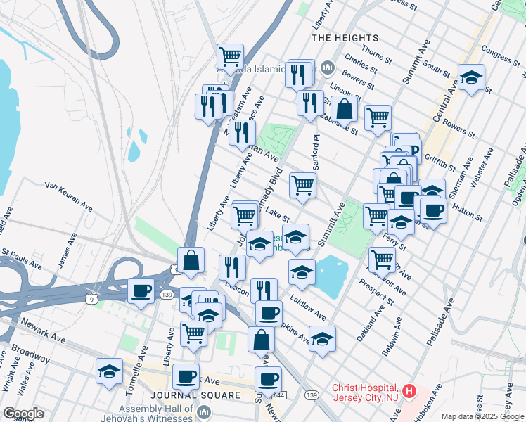 map of restaurants, bars, coffee shops, grocery stores, and more near in Jersey City