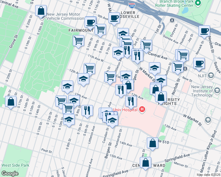 map of restaurants, bars, coffee shops, grocery stores, and more near 121 Littleton Avenue in Newark