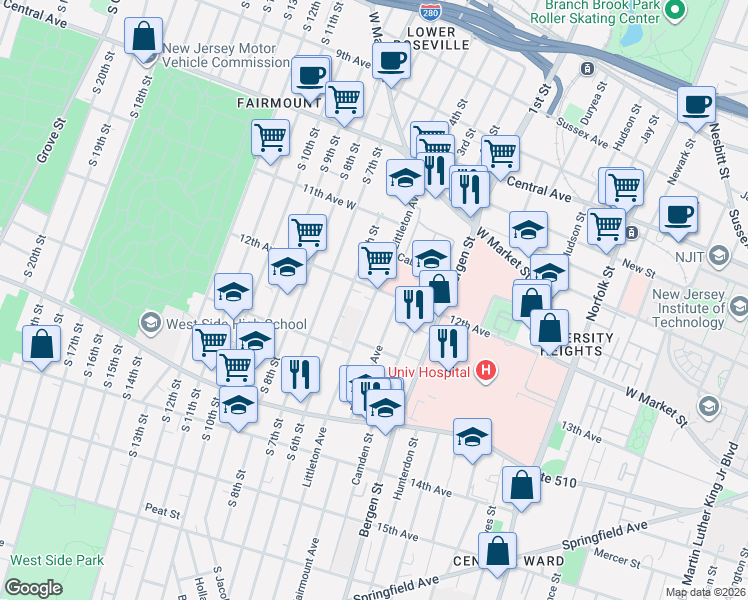 map of restaurants, bars, coffee shops, grocery stores, and more near 121 Littleton Avenue in Newark