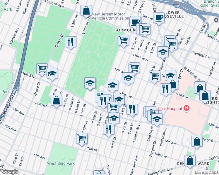 map of restaurants, bars, coffee shops, grocery stores, and more near 327 South 11th Street in Newark