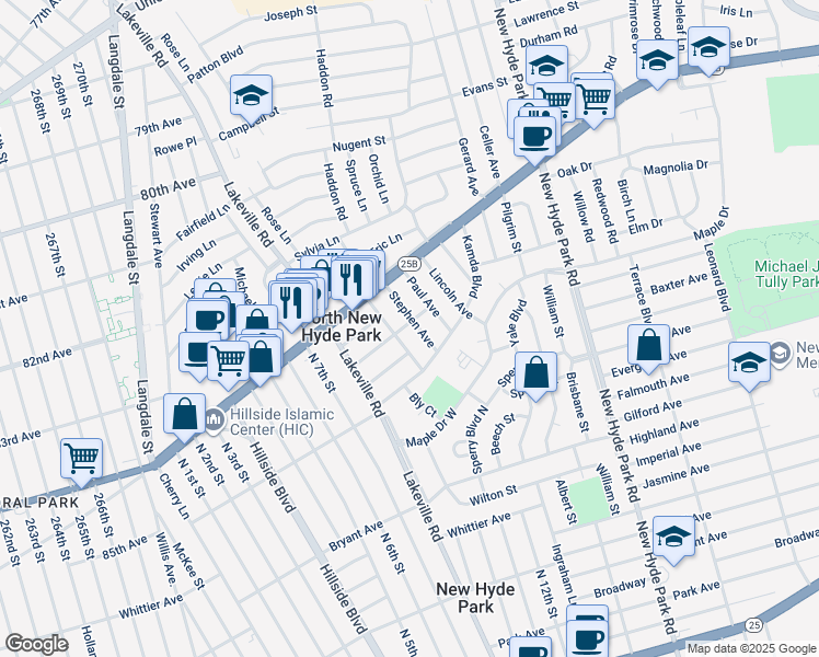 map of restaurants, bars, coffee shops, grocery stores, and more near 51 Stephen Avenue in New Hyde Park