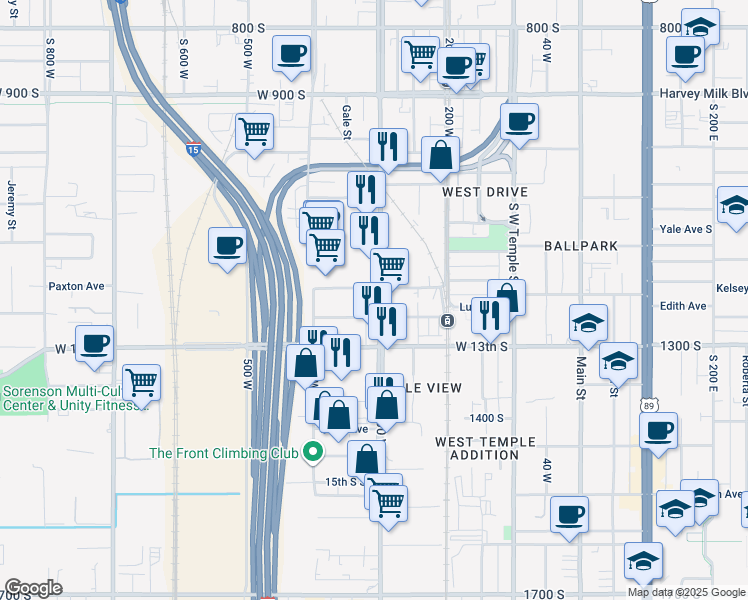 map of restaurants, bars, coffee shops, grocery stores, and more near 1174 South 300 West in Salt Lake City