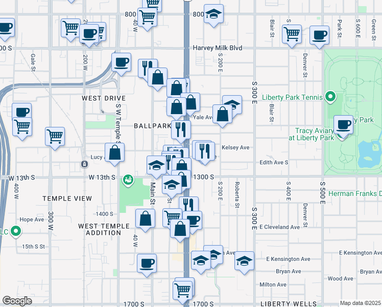 map of restaurants, bars, coffee shops, grocery stores, and more near 1185 South State Street in Salt Lake City