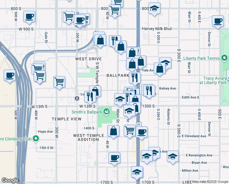 map of restaurants, bars, coffee shops, grocery stores, and more near 1186 South Main Street in Salt Lake City