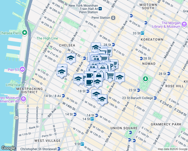 map of restaurants, bars, coffee shops, grocery stores, and more near in New York
