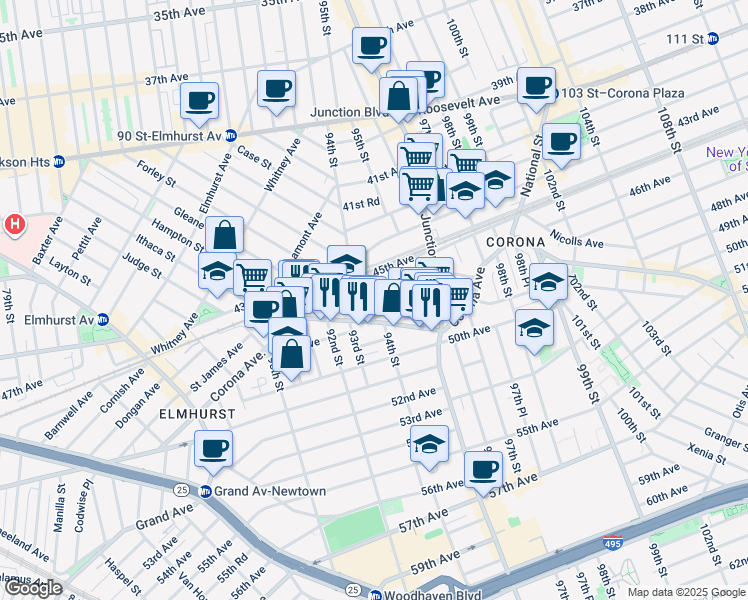 map of restaurants, bars, coffee shops, grocery stores, and more near 94-2 46th Avenue in Queens