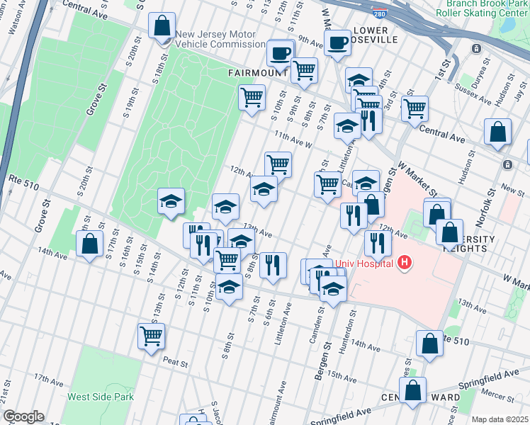 map of restaurants, bars, coffee shops, grocery stores, and more near 359 13th Avenue in Newark