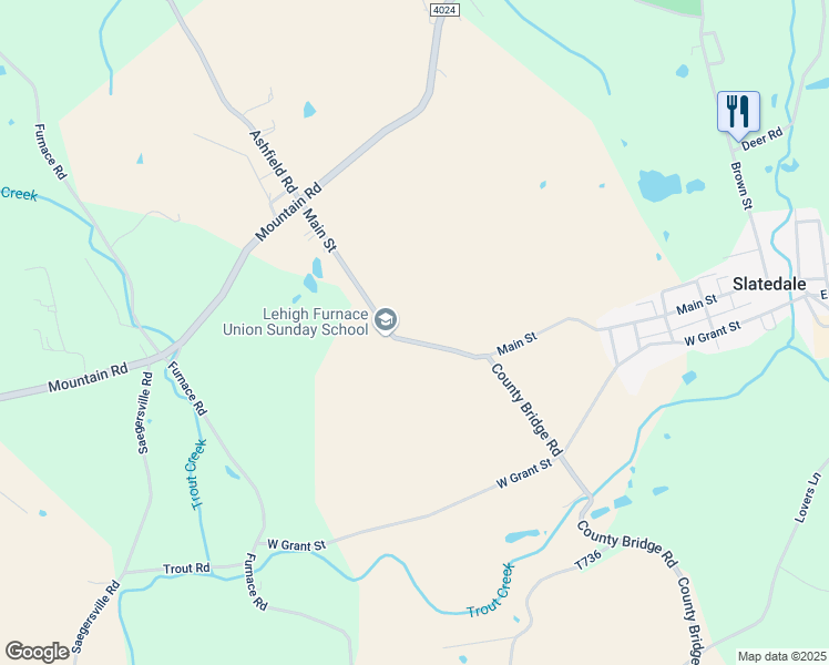 map of restaurants, bars, coffee shops, grocery stores, and more near 4465 Main Street in Slatington