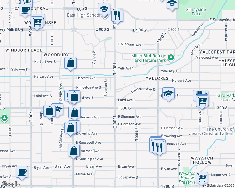 map of restaurants, bars, coffee shops, grocery stores, and more near 1306 Harvard Avenue South in Salt Lake City