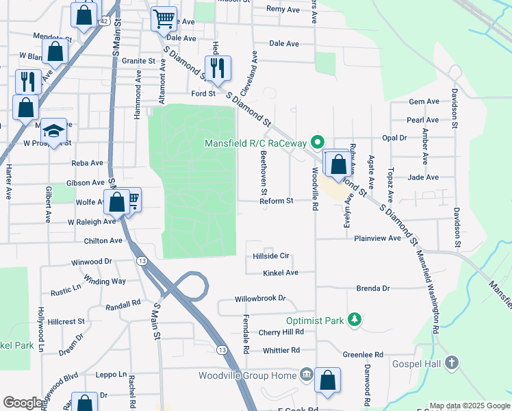 map of restaurants, bars, coffee shops, grocery stores, and more near 234 Reform Street in Mansfield
